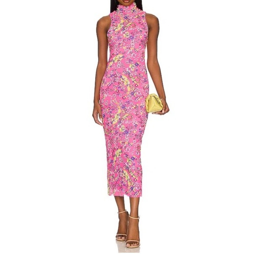 AFRM Shailene Mesh Turtleneck Midi Dress Pink Floral Sleeveless Bodycon 3X s1